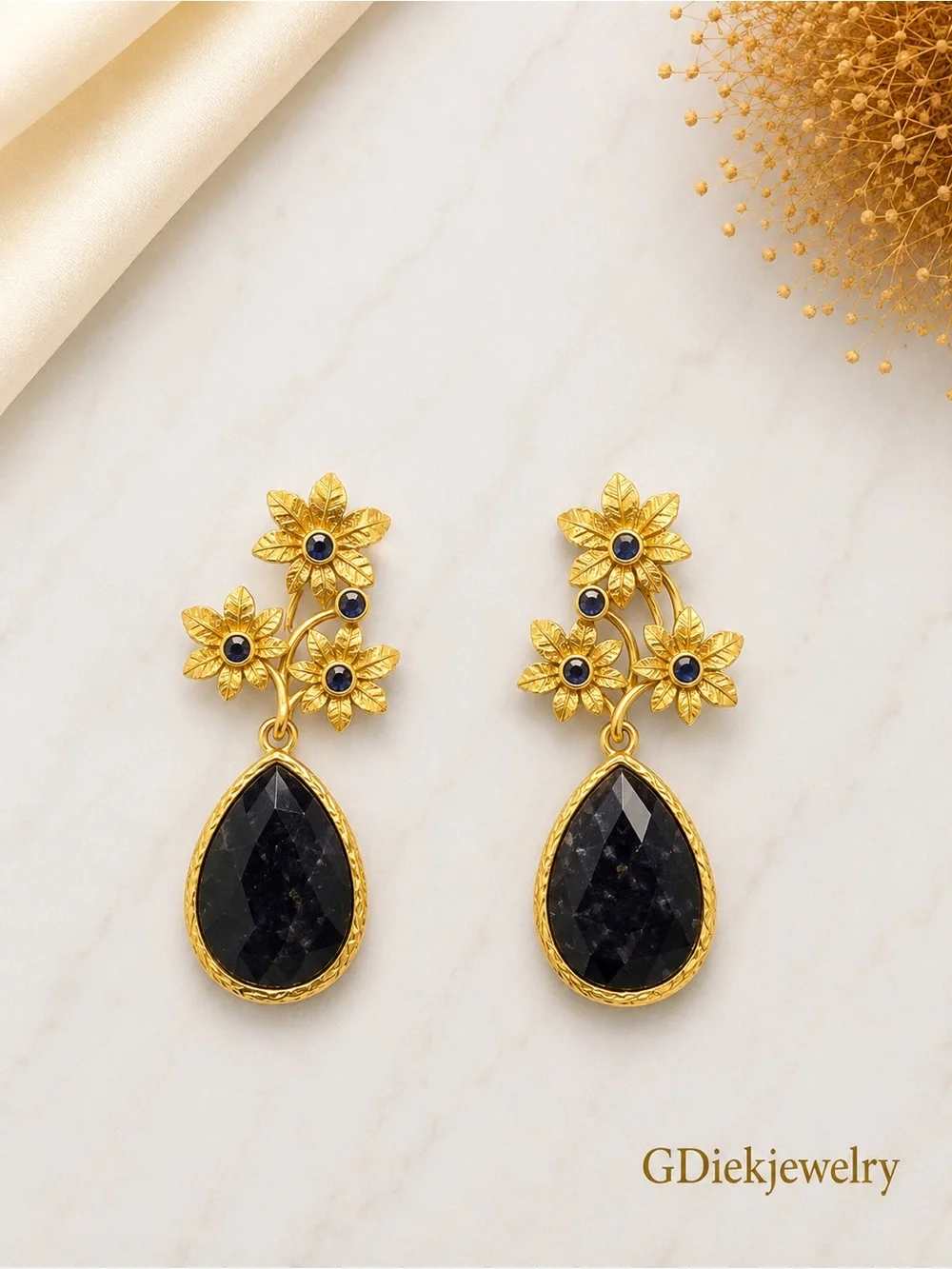 Goldfilled  Floral Drop Earrings with Black Teardrop Stones